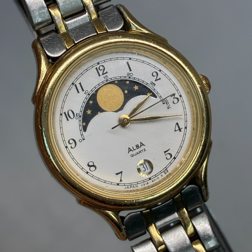 Vintage Seiko Alba V318-6010 Moonphase Women's Two Tone Watch-Working!
